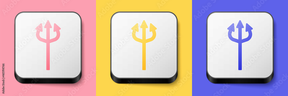 Isometric Trident devil icon isolated on pink, yellow and blue background. Happy Halloween party. Square button. Vector