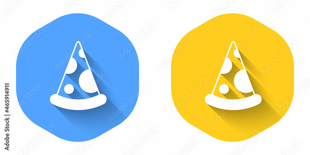 White Slice of pizza icon isolated with long shadow background. Fast food menu. Circle button. Vector White Slice of pizza icon isolated with long shadow background. Fast food menu. Circle button. Vector