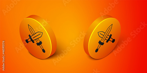Isometric Crossed medieval sword icon isolated on orange background. Medieval weapon. Orange circle button. Vector