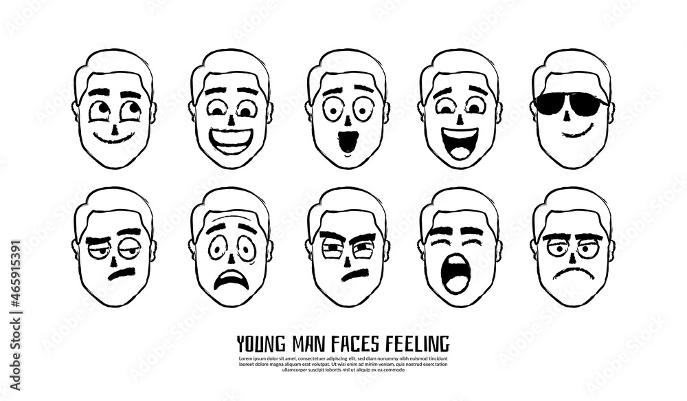 Hand drawn face expressions isolated vector, Funny cartoon emoji. Human feelings in different mood, Laughing face, smiling mouth, angry eyes. Hand drawn face expressions isolated vector, Funny cartoon emoji. Human feelings in different mood, Laughing face, smiling mouth, angry eyes.