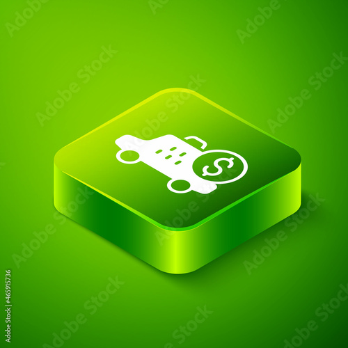 Isometric Taximeter device icon isolated on green background. Measurement appliance for passenger fare in taxi car. Green square button. Vector