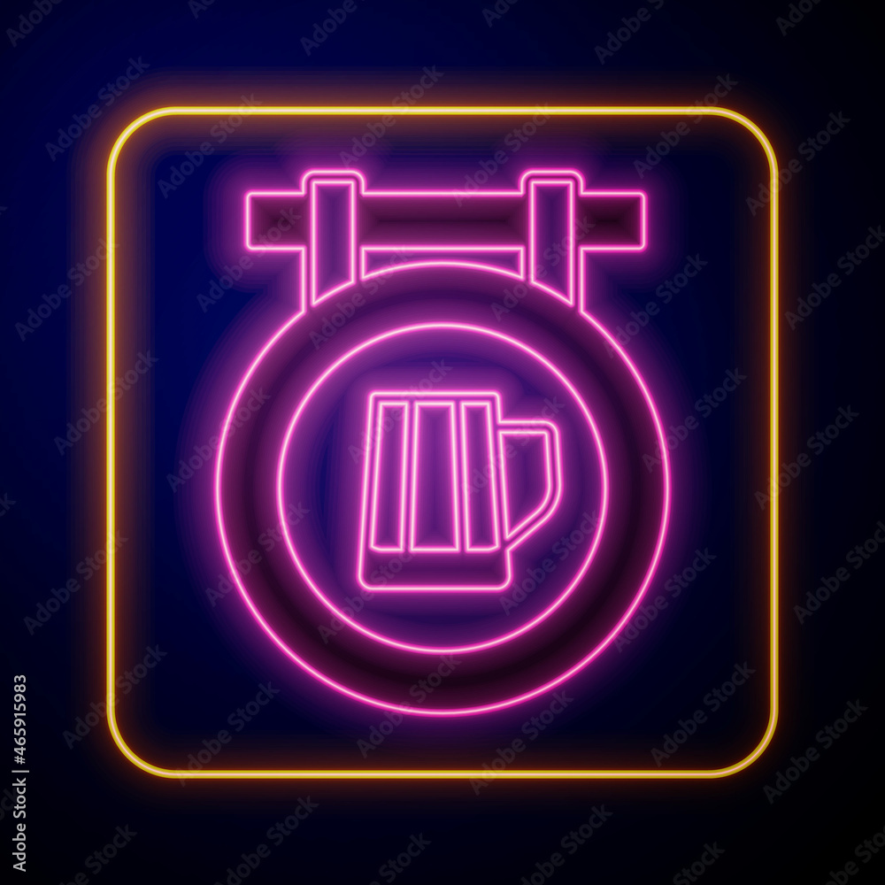 Glowing neon Street signboard with glass of beer icon isolated on black background. Suitable for advertisements bar, cafe, pub, restaurant. Vector Glowing neon Street signboard with glass of beer icon isolated on black background. Suitable for advertisements bar, cafe, pub, restaurant. Vector