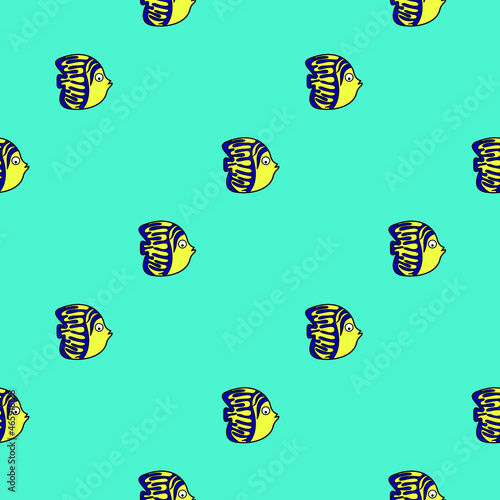 Vector seamless pattern with sea fish. Creative design with color fish on the color background. Vector illustration. Textile pattern, print pattern. Wrapping-paper with sea fish
