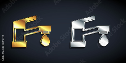 Gold and silver Water tap icon isolated on black background. Long shadow style. Vector