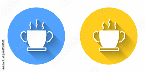 White Bowl of hot soup icon isolated with long shadow background. Circle button. Vector