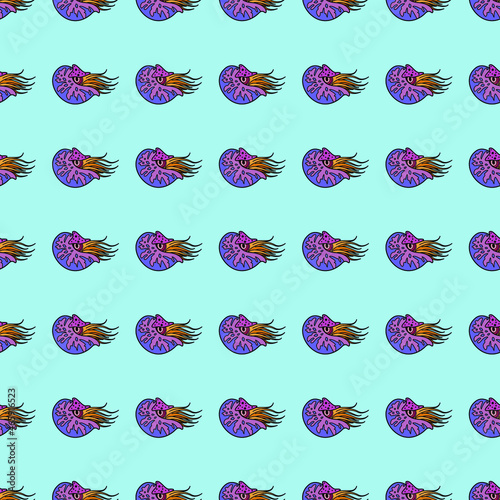Vector seamless pattern with seashells. Creative design with mollusk on the color background. Vector illustration. Textile pattern, print pattern. Wrapping-paper shell with pearl  