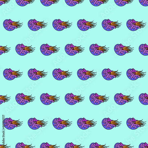 Vector seamless pattern with seashells. Creative design with mollusk on the color background. Vector illustration. Textile pattern, print pattern. Wrapping-paper shell with pearl  
