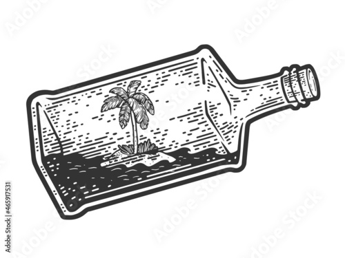 uninhabited desert island with sea in bottle sketch engraving vector illustration. T-shirt apparel print design. Scratch board imitation. Black and white hand drawn image.