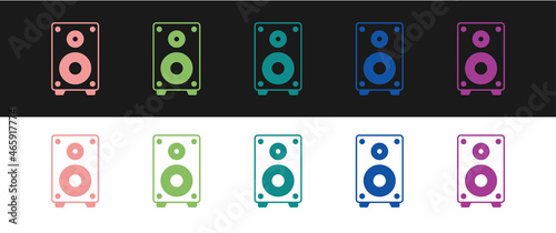 Set Stereo speaker icon isolated on black and white background. Sound system speakers. Music icon. Musical column speaker bass equipment. Vector