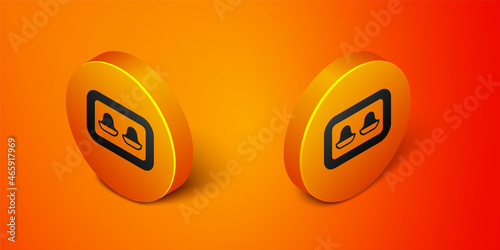 Isometric Earplugs with storage box icon isolated on orange background. Ear plug sign. Noise symbol. Sleeping quality concept. Orange circle button. Vector