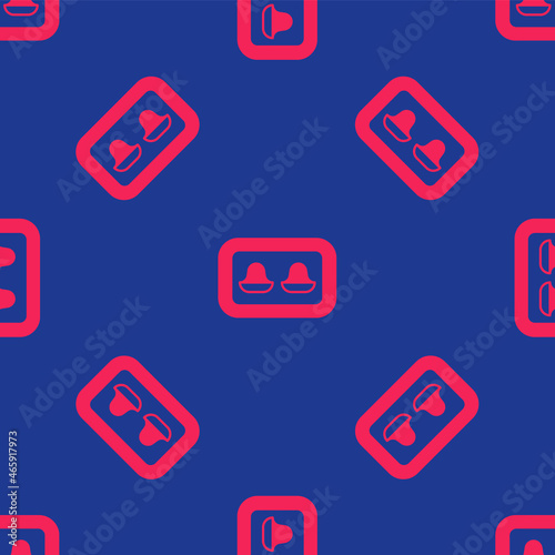 Red Earplugs with storage box icon isolated seamless pattern on blue background. Ear plug sign. Noise symbol. Sleeping quality concept. Vector