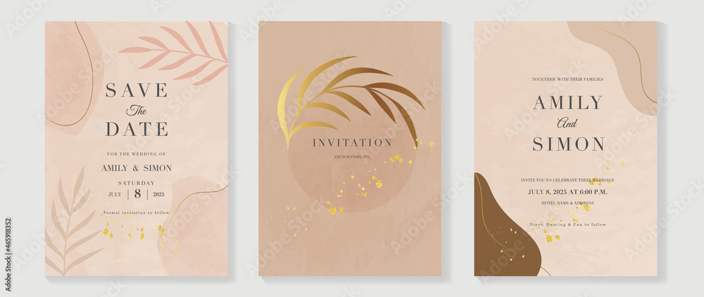 Elegant abstract watercolor wedding invitations vector set. Luxury gold and hand painted watercolor background decoration for save the date, greeting card, poster and cover design template.  