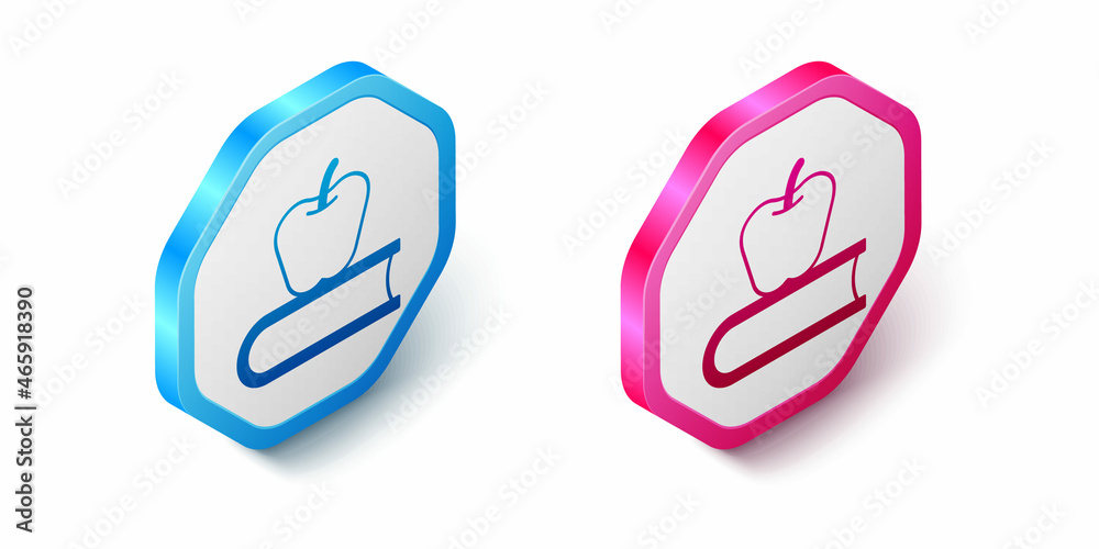 Isometric Book with apple icon isolated on white background. Hexagon button. Vector