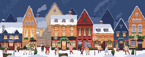 Christmas city panorama with happy people walking on street in snow on winter holidays. European Old town at Xmas eve with cozy buildings. Cityscape with New Year lifestyle. Flat vector illustration