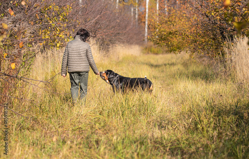 a woman walks with her dog through the autumn garden
