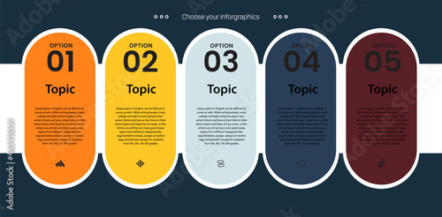 FIVE Steps and 5 colors of infographic Process or brown, yellow Circles option pannel on white background and Infographic template with 5 Opions or steps vector.eps
