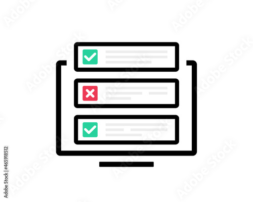 Check mark on computer screen icon. Questionnaire form test, checklist survey. Illustration vector