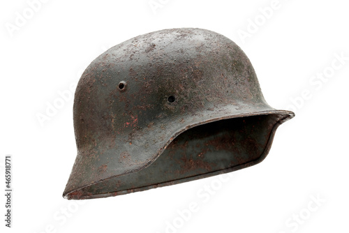 Second World War helmet of German soldier isolated on white.