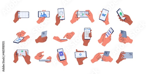 Hands holding mobile phones set. Fingers touching, tapping, scrolling smartphone screens, using applications. People handling with cellphones. Flat vector illustrations isolated on white background photo