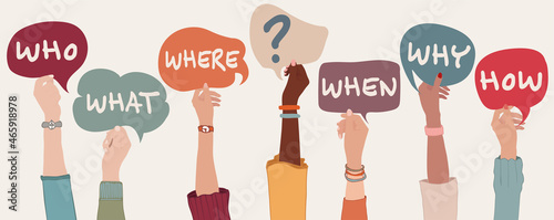 Arms up of people holding speech bubble with text -Who What Where When Why How- and question mark symbol. Investigate and solve questions. Problem solving - brainstorming concept photo