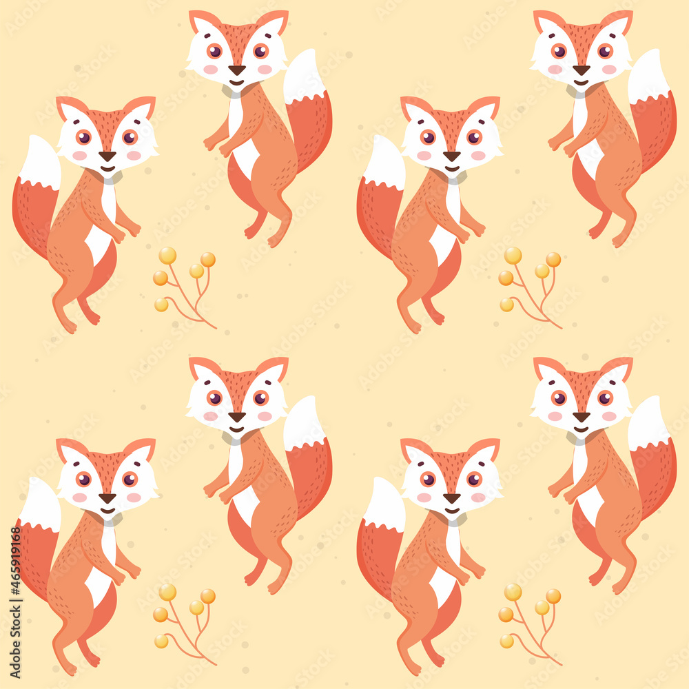 Repetition Cartoon Fox Animal And Berry Branch On Pastel Orange Background.