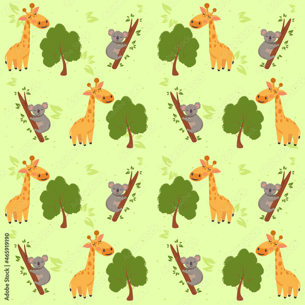 Fototapeta Seamless Giraffe With Tree And Koala Pattern Background.
