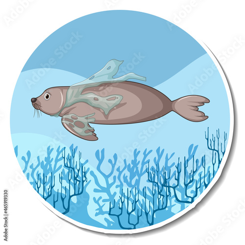 Seal stuck with plastic waste on white background