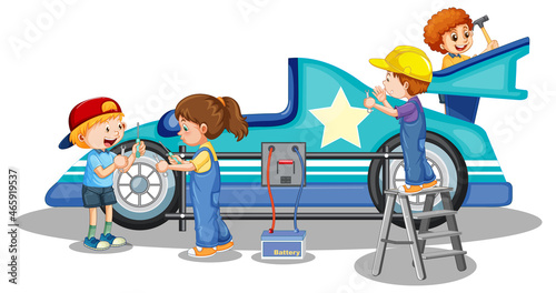 Children repairing car together on white background