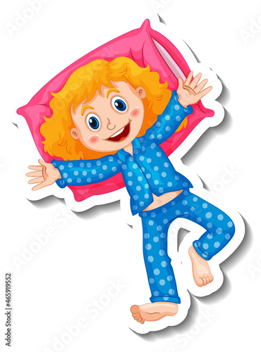 Sticker template with a girl wears pajamas cartoon character isolated