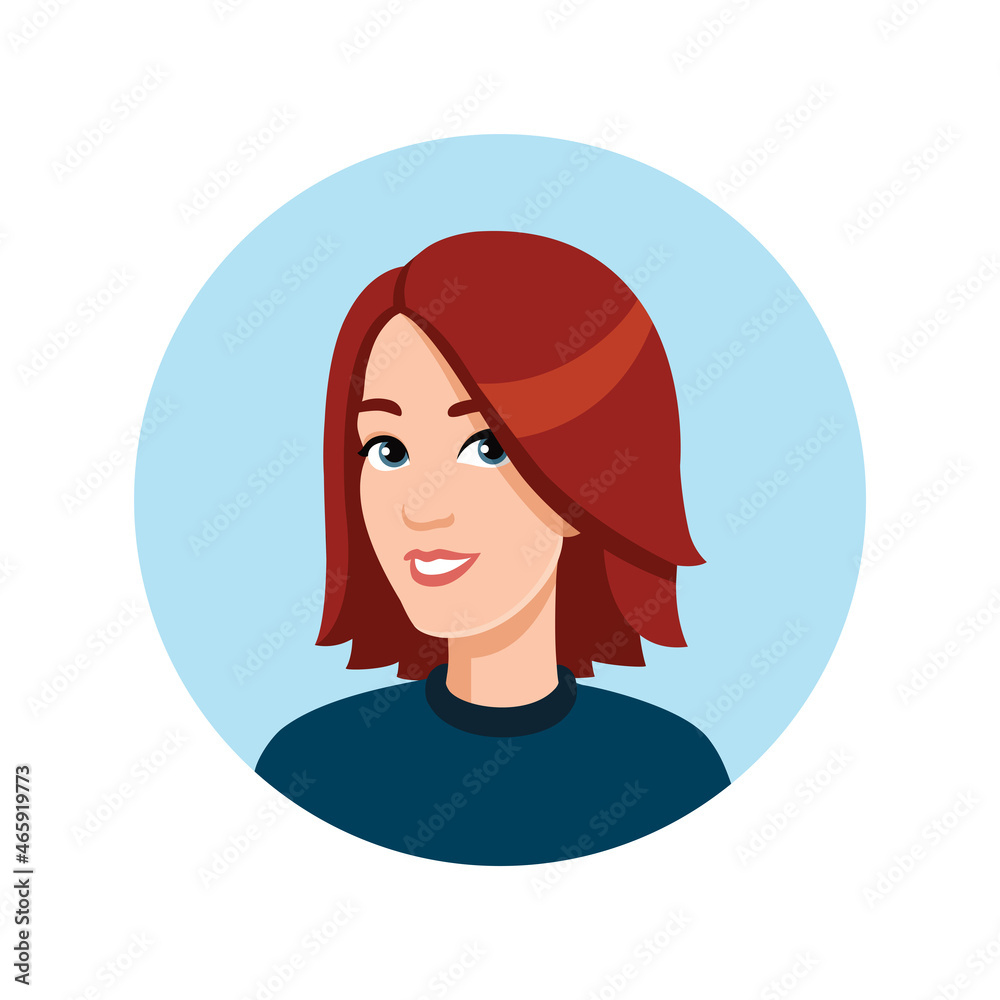 Avatar, portrait of a young caucasian girl, woman in round frame. Vector illustration in cartoon flat style Avatar, portrait of a young caucasian girl, woman in round frame. Vector illustration in cartoon flat style