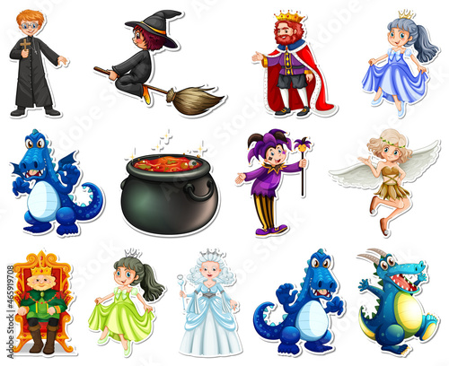 Sticker set with different fairytale cartoon characters