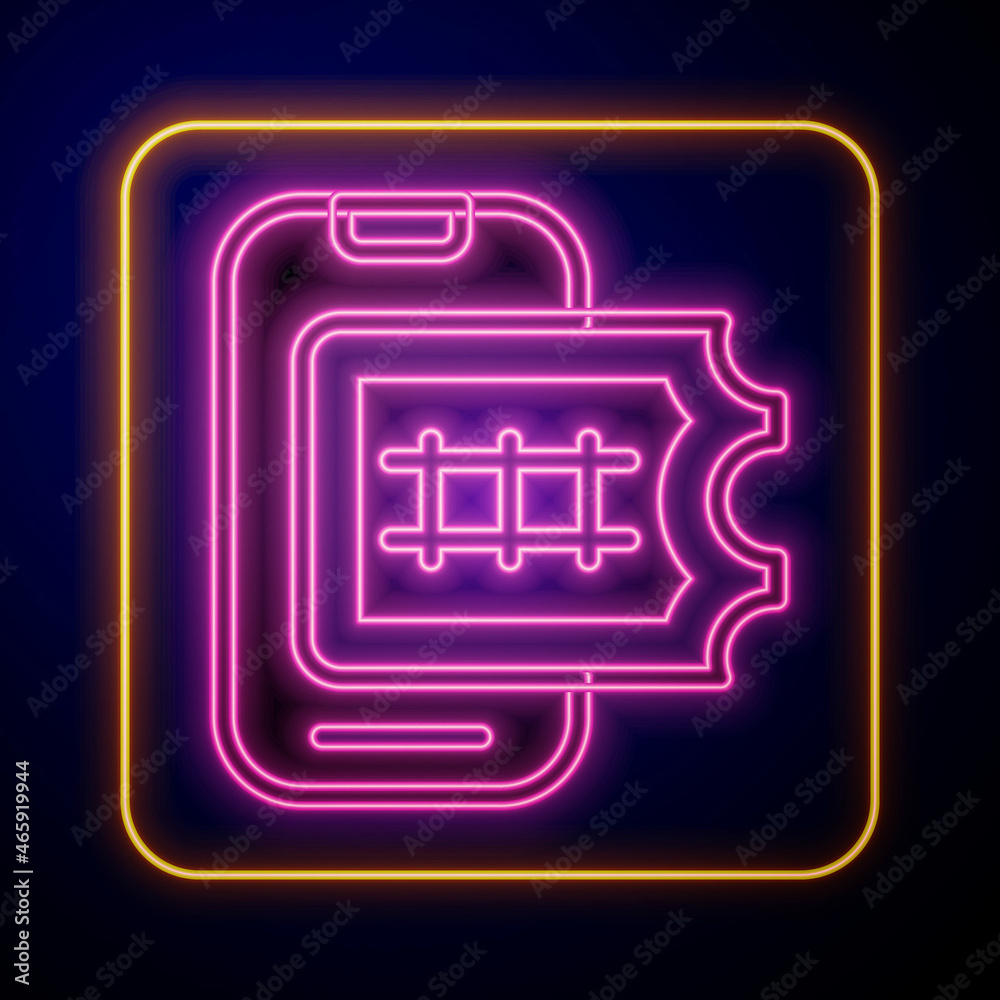 Glowing neon Online ticket booking and buying app interface icon isolated on black background. E-tickets ordering. Electronic train ticket on screen. Vector Glowing neon Online ticket booking and buying app interface icon isolated on black background. E-tickets ordering. Electronic train ticket on screen. Vector