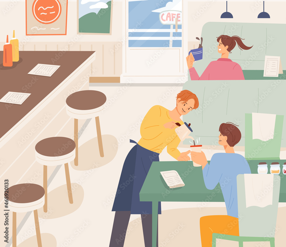 Coffee shop interior. Cafe guests and staff. flat design style vector illustration.