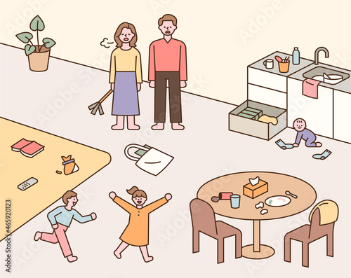The children who make the house a mess and the parents sighing at the sight. flat design style vector illustration.