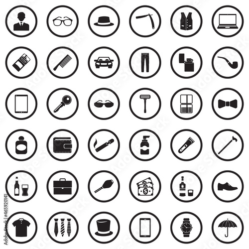 Man Accessories Icons. Black Flat Design In Circle. Vector Illustration.