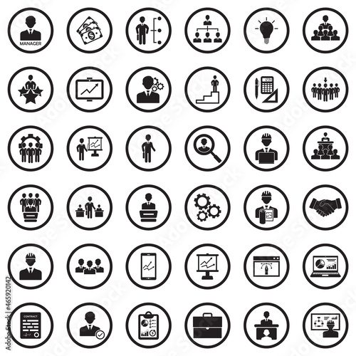 Manager Icons. Black Flat Design In Circle. Vector Illustration.