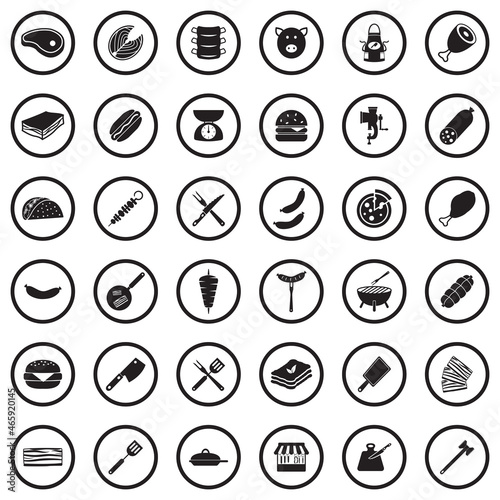 Meat Icons. Black Flat Design In Circle. Vector Illustration.