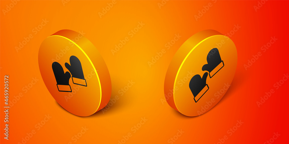 Isometric Pair of knitted christmas mittens icon isolated on orange background. Mitten icon. Merry Christmas and Happy New Year. Orange circle button. Vector