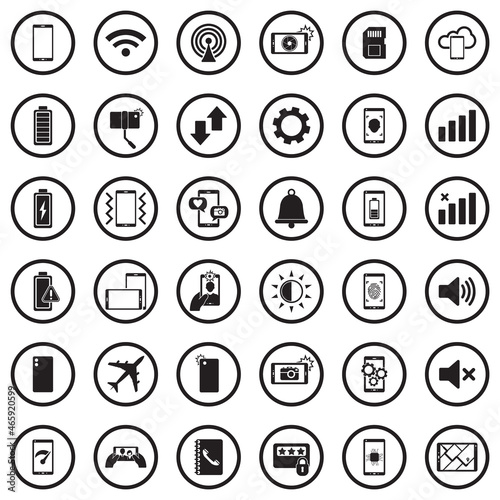 Mobile Phone Icons. Black Flat Design In Circle. Vector Illustration.