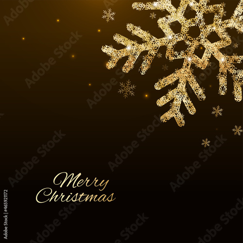 Merry Christmas Font With Golden Glittering Snowflakes On Brown Background.