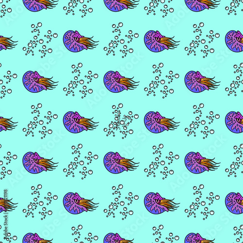 Vector seamless pattern with seashells. Creative design with mollusk on the color background. Vector illustration. Textile pattern, print pattern. Wrapping-paper shell with pearl  