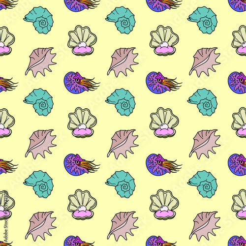 Vector seamless pattern with seashells. Creative design with mollusk on the color background. Vector illustration. Textile pattern, print pattern. Wrapping-paper shell with pearl 