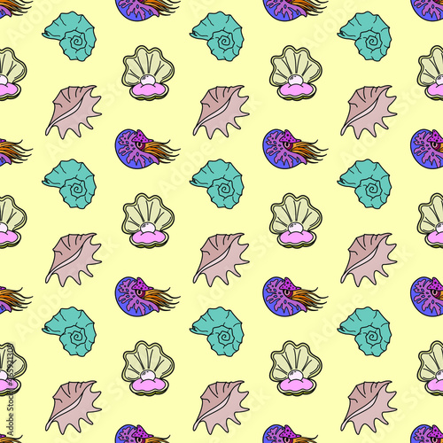 Vector seamless pattern with seashells. Creative design with mollusk on the color background. Vector illustration. Textile pattern, print pattern. Wrapping-paper shell with pearl  