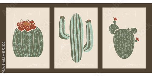 Set of three abstract floral posters with spiny blooming cacti. Cute hand drawn illustrations with exotic desert plants, flowers, succulents. Background for interior decor, covers, social networks.