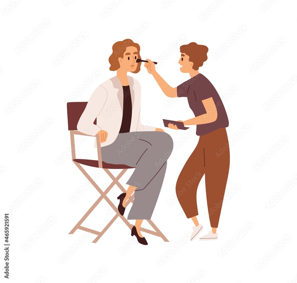 Obraz premium Makeup artist preparing face skin of actress with brush before shooting. Work of make-up master applying powder during preparation for filming. Flat vector illustration isolated on white background