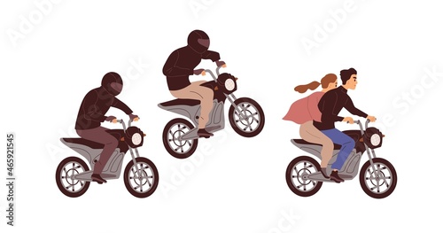 People riding motorcycles. Bikers in helmets chasing couple on motorbike at fast speed. Motorcyclists on bikes pursue man and woman. Colored flat vector illustration isolated on white background