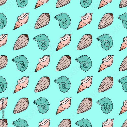 Vector seamless pattern with seashells . Creative design with color shell with pearl on the color background. Vector illustration. Textile pattern/ Color seashells. Sea pattern for wrapping-paper