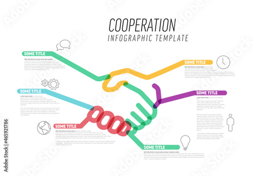 Infographic cooperation template made from lines and icons with handshake photo