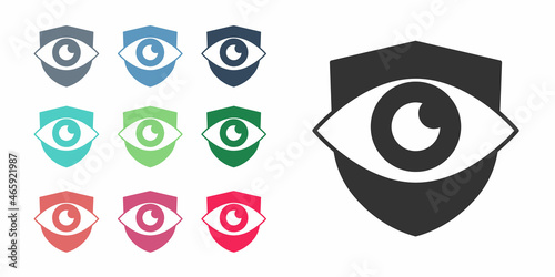 Black Shield and eye icon isolated on white background. Security, safety, protection, privacy concept. Set icons colorful. Vector