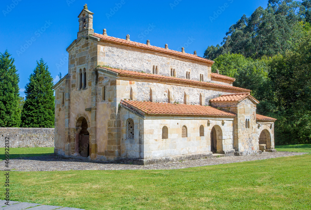 San Salvador de Valdediós, el Conventín . Church of Asturian pre-Romanesque style, Spain, south side façade on a sunny day.